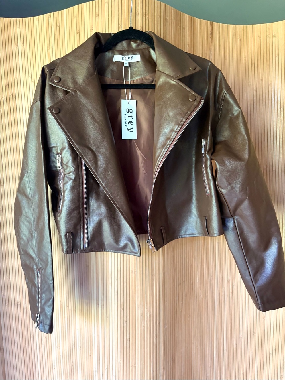 NWT Grey Bandit Cropped Brown Faux Leather Moto Jacket
